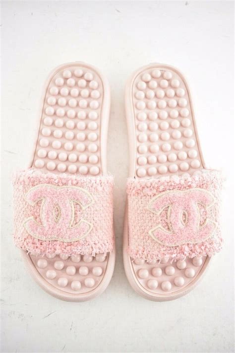 pink chanel pool slides|Chanel fluffy slides.